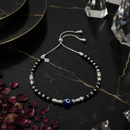 DIVYORO SILVER AND BLACK BEADED PROTECTION ANKLET