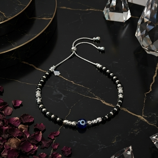 DIVYORO SILVER AND BLACK BEADED PROTECTION ANKLET