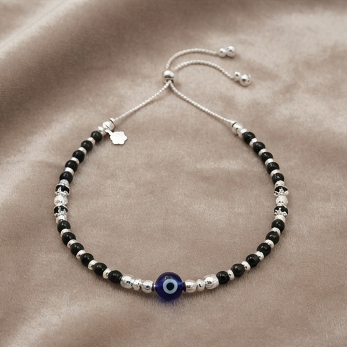 DIVYORO SILVER AND BLACK BEADED PROTECTION ANKLET