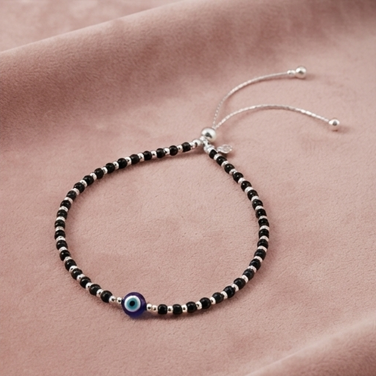 DIVYORO BEADED EVIL EYE SILVER PULL TIE ANKLET