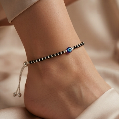DIVYORO BEADED EVIL EYE SILVER PULL TIE ANKLET