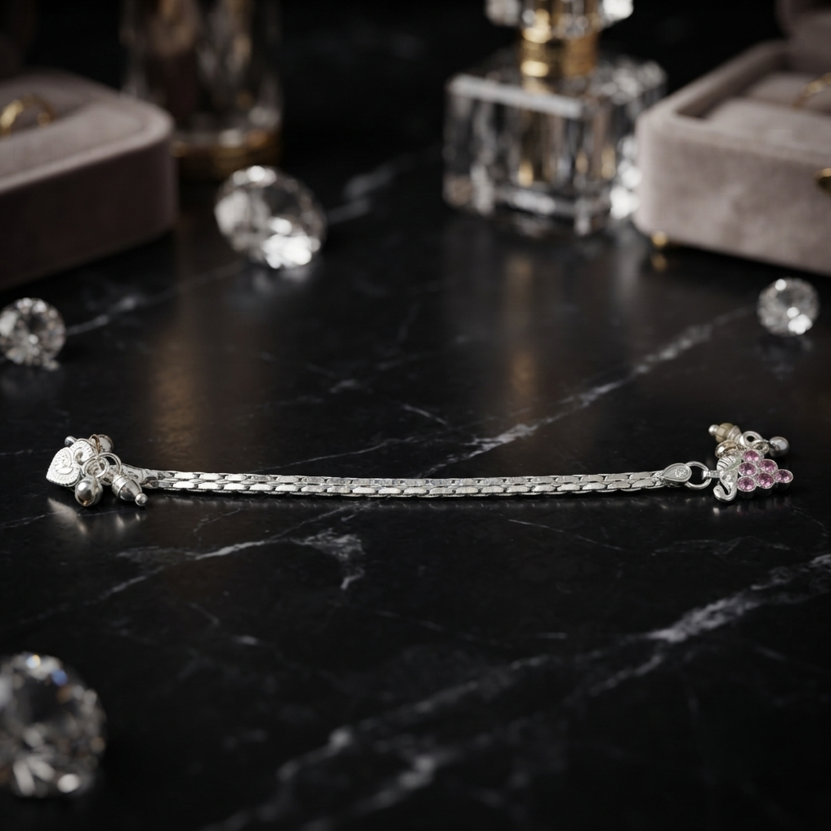 DIVYORO PINK BLOSSOM CHARM SILVER ANKLET