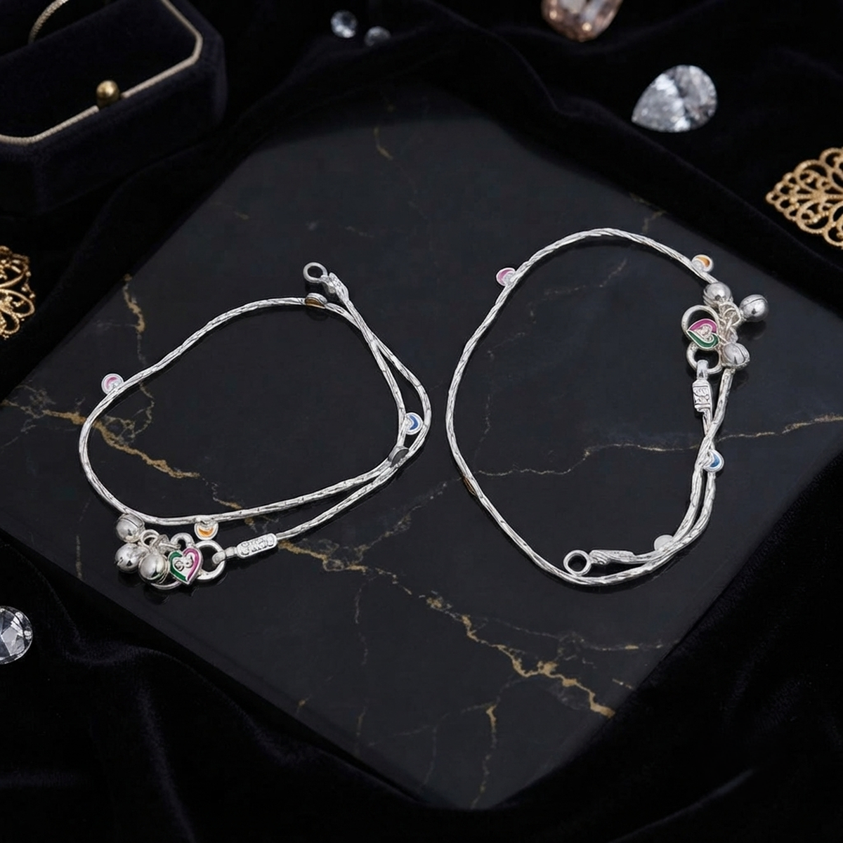 DIVYORO MULTI COLOR ENAMEL HEART STERLING ANKLET